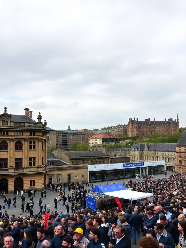 A panoramic view of Edinburgh, Scotland, with a focus on the Edinburgh International Conference Centre (EICC) during a tech event. The scene is vibrant and showcases the city's blend of history and innovation.