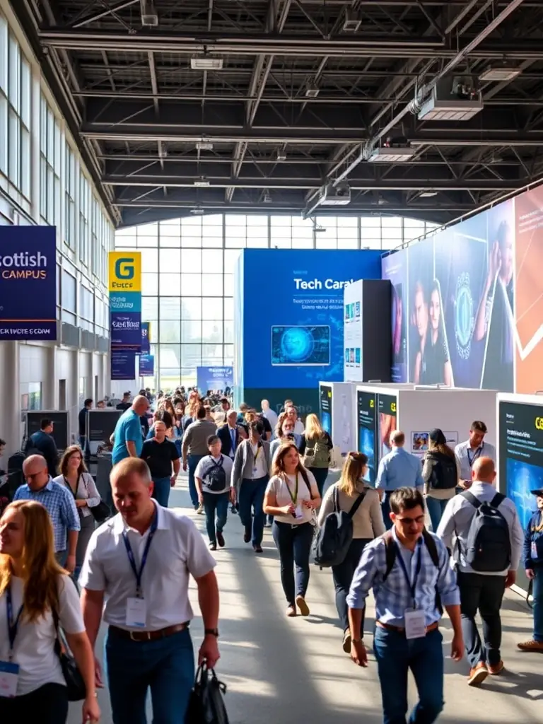 A photograph of the Scottish Event Campus (SEC) in Glasgow, showcasing its facilities and the vibrant atmosphere of a tech conference.