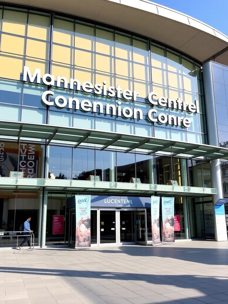 A photograph of the Manchester Central Convention Complex, highlighting its modern architecture and suitability for large-scale tech events.