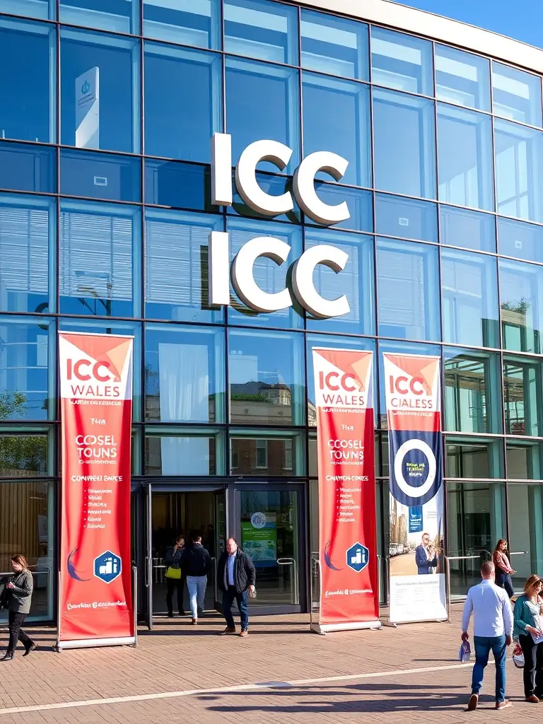 A photograph of the ICC Wales in Newport, emphasizing its state-of-the-art facilities and its role as a premier venue for tech conferences.