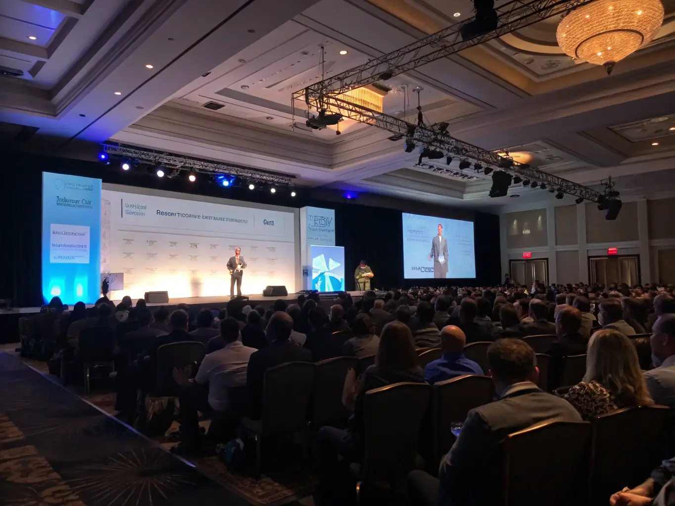 A photograph of a modern conference hall filled with attendees listening to a keynote speaker at a tech conference in London, UK.