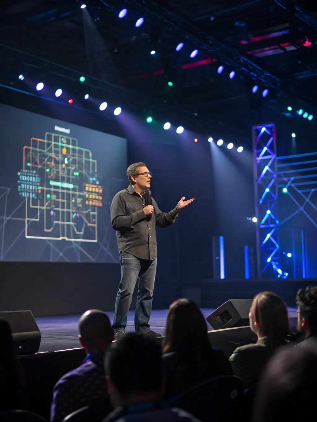 A photograph capturing the keynote speaker at the 'AI in Business' conference in London, delivering a speech on stage with engaging visuals in the background. The audience is attentive and the atmosphere is energetic.