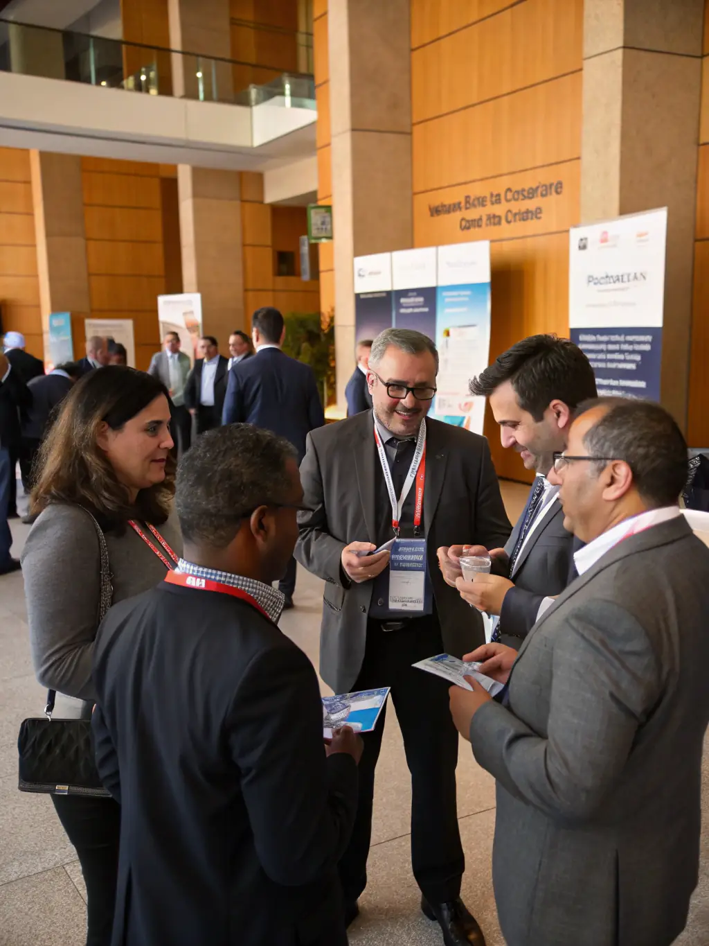 A candid shot of attendees networking during a coffee break at the 'FinTech Summit' in Edinburgh, showcasing vibrant discussions and exchange of business cards.