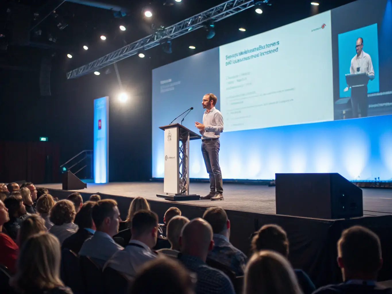 A photograph of a speaker presenting on stage at a cybersecurity conference in Edinburgh, UK, with slides projected behind them.