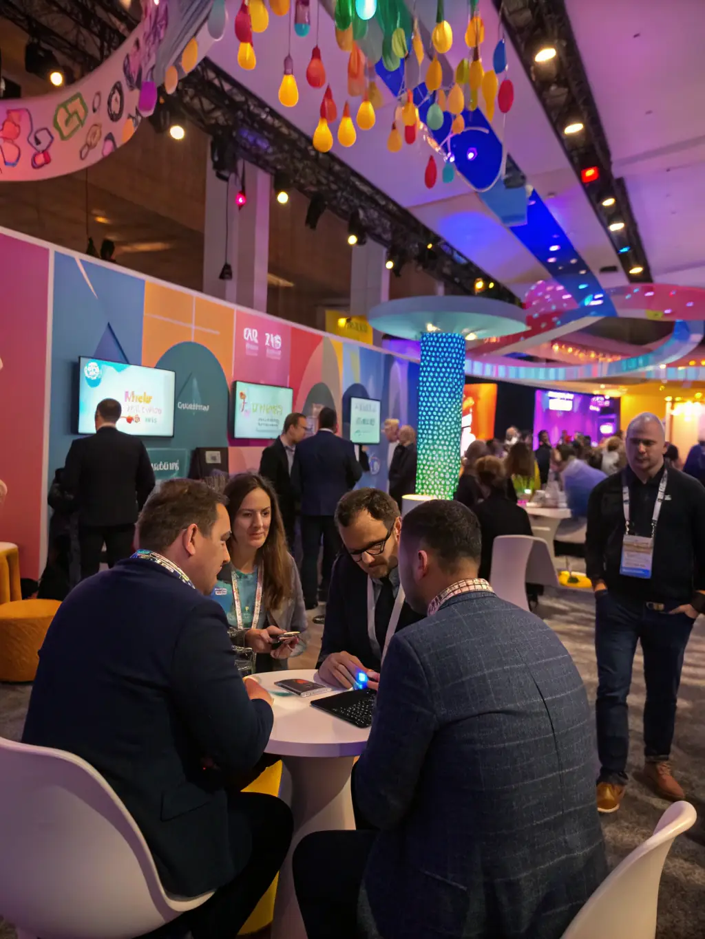 A bustling conference hall in Manchester, UK, filled with attendees networking and engaging with exhibitors. The lighting is bright and energetic, reflecting the innovative atmosphere.