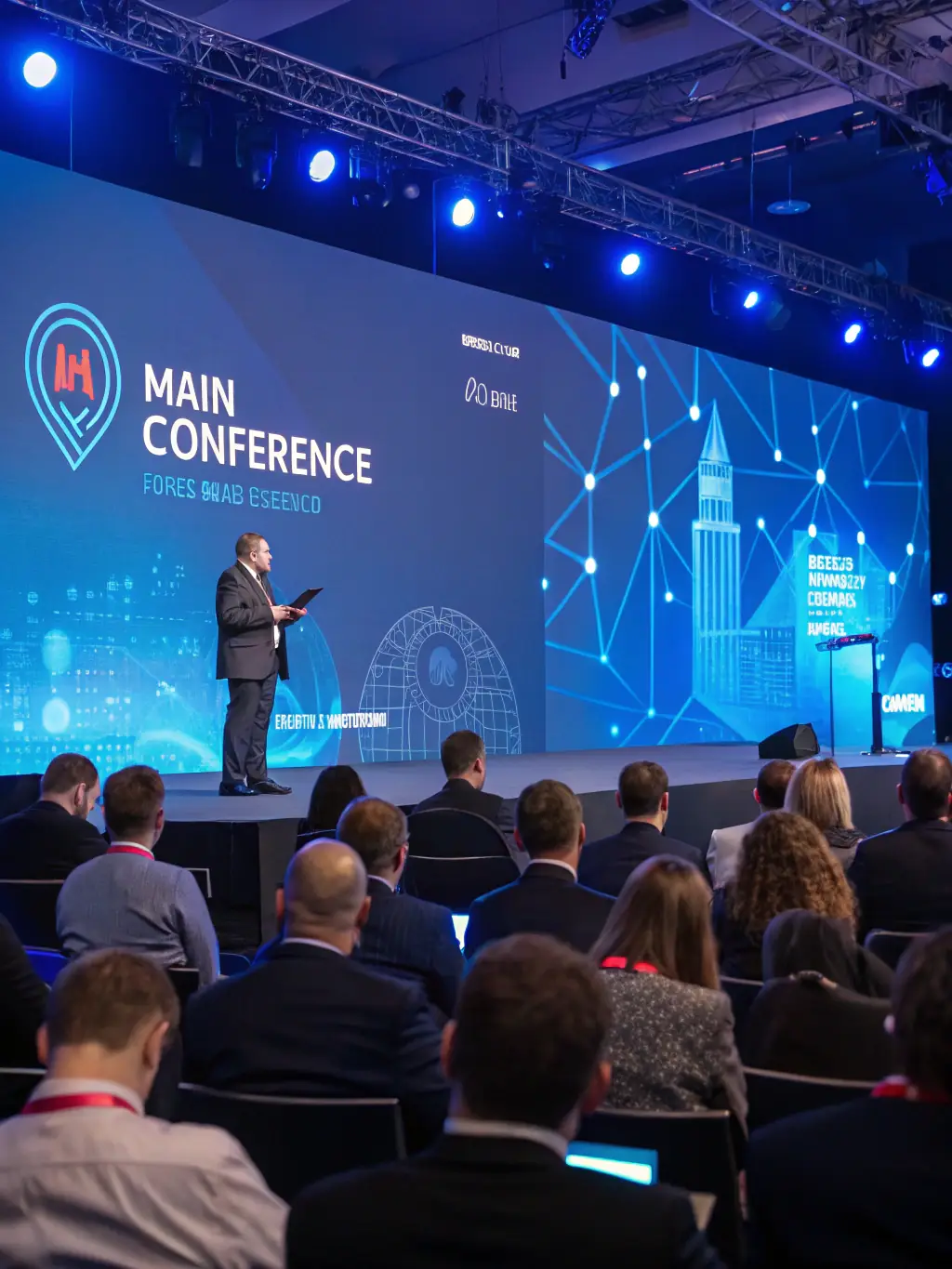 A dynamic image of a panel discussion at the 'Cybersecurity Expo' in Manchester, featuring experts debating the latest threats and solutions in cybersecurity.